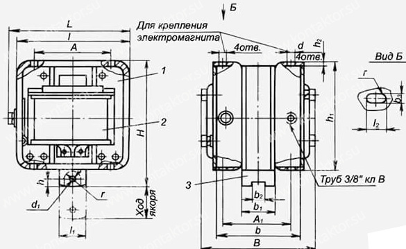 Рис.1. Габаритный чертеж электромагнита МИС 4100 тянущего исполнения