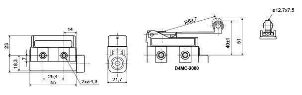 "Схема габаритных размеров микровыключателя D4MC-2000"
