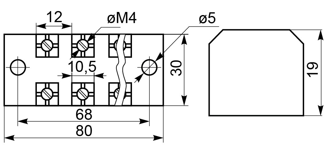 "Схема габаритных размеров колодки TB2505"