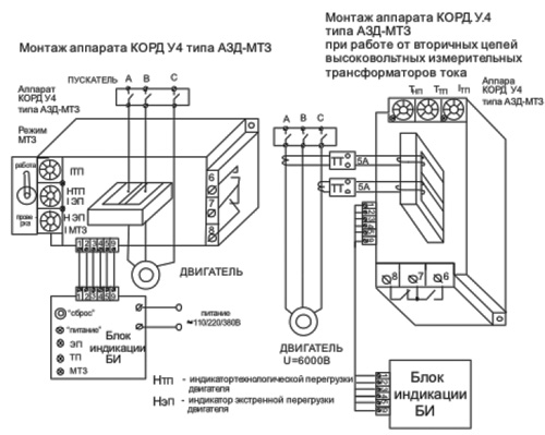Рис.1. Схема монтажа аппарата защиты КОРД.У4.У5 типа АЗД МТЗ