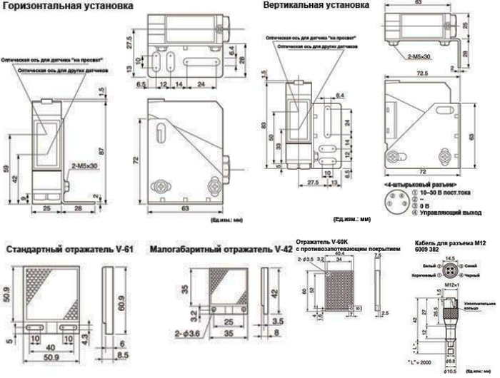 Рис.1. Габаритный чертеж датчика Optex-FA серии V
