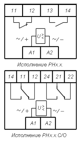 Рис.1.Схема подключения реле РН-1 и реле РН-2