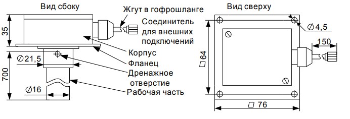 "Схема габаритных размеров датчика ДУ-02"